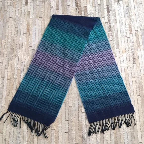 Women's 100% Cashmere Blue, Purple, Jade 62" x 12" Made In Scotland Scarf - Picture 2 of 5